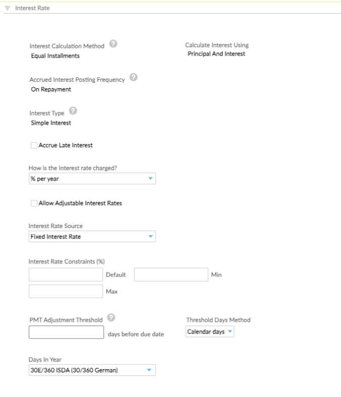 Interest rate settings section